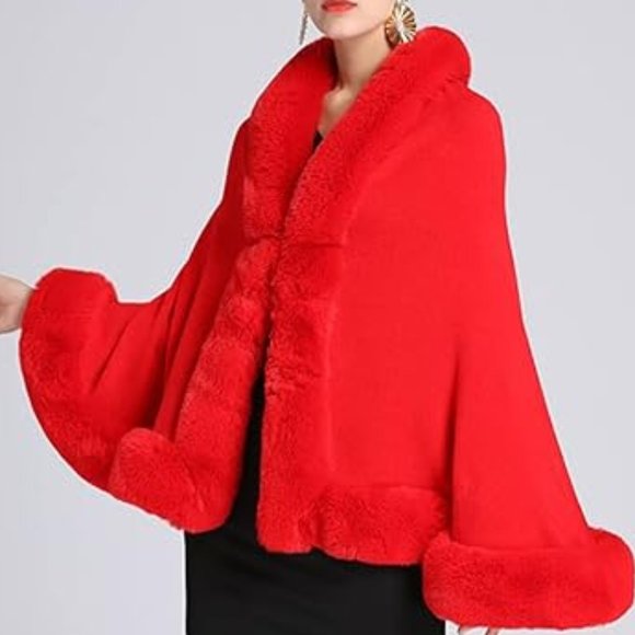 R Fashions Poncho Jackets & Blazers - Elegant Hooded Faux Fur Poncho/Cape/ Shawl